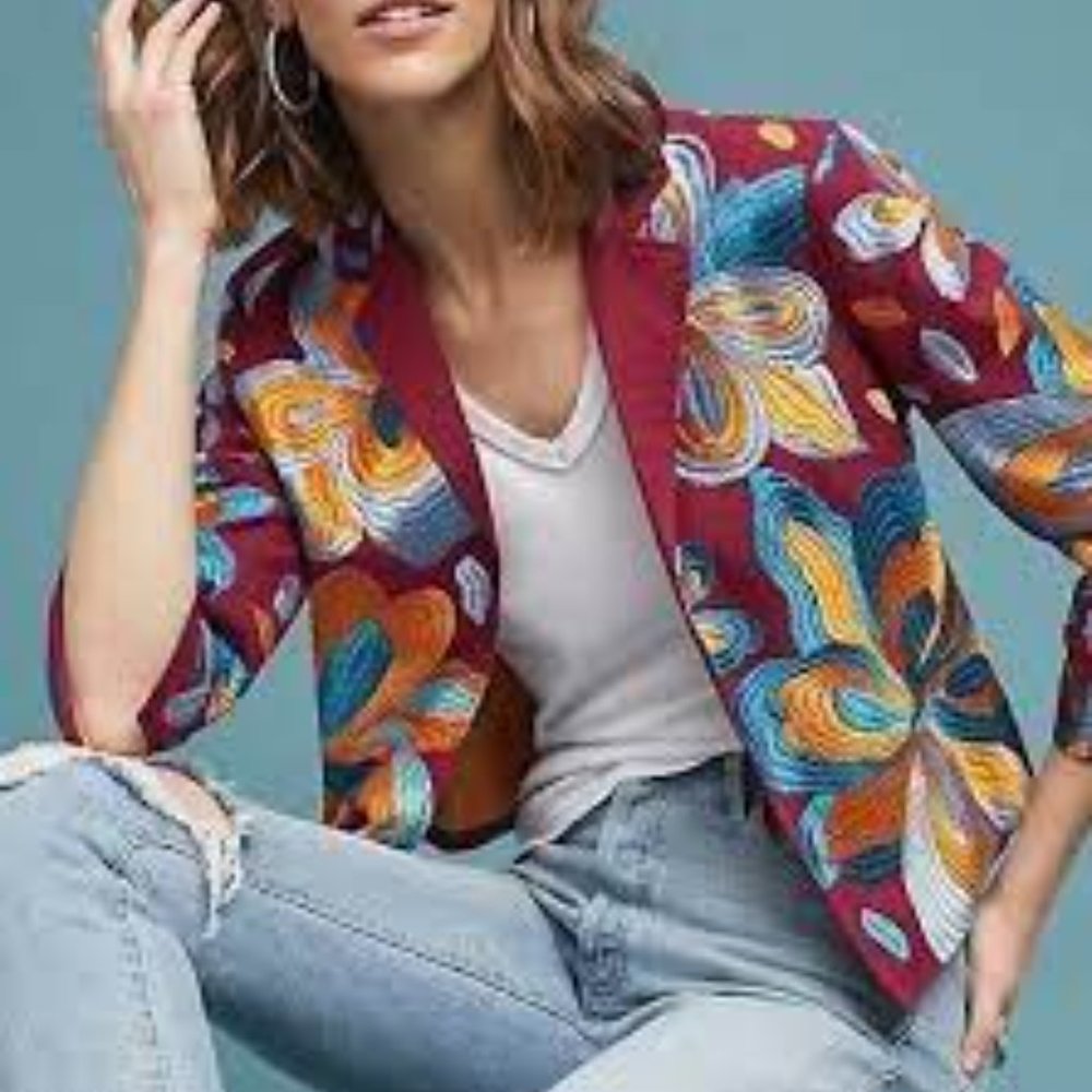 Anthropologie ETT TWA Floral blazer burgundy with gold & blue print SIZE: SMALL
